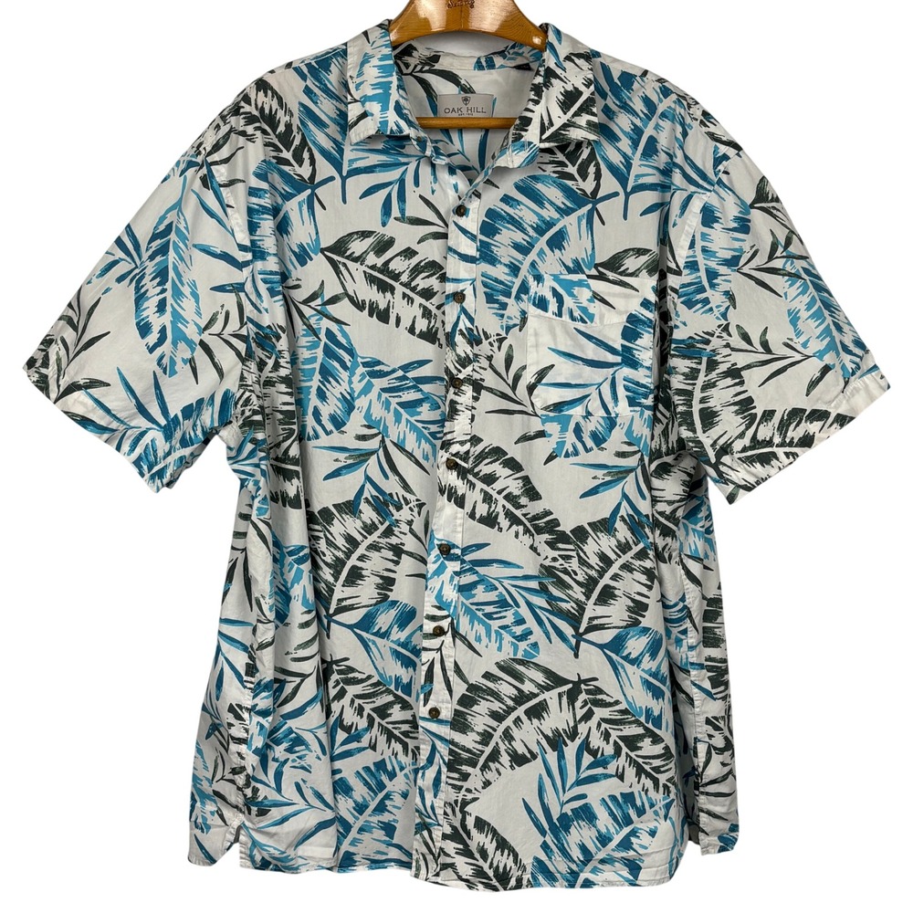 Oak Hill Tropical Shirt 3XL Blue Green Palm Leaf‎ Button Up Cotton Short Sleeve